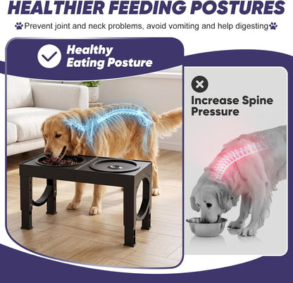 XIAZ Elevated Dog Bowls Large Breed Raised Dogs Bowl Stand Large/Medium Sized Dog Slow Feeder Dogs Bowls Food Water Stands 5 Heights Adjustable 9/11/12/14in Pet Feeder Dish Station