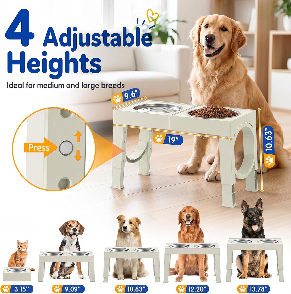 XIAZ Elevated Dog Bowls Large Breed Raised Dogs Bowl Stand Large/Medium Sized Dog Slow Feeder Dogs Bowls Food Water Stands 5 Heights Adjustable 9/11/12/14in Pet Feeder Dish Station