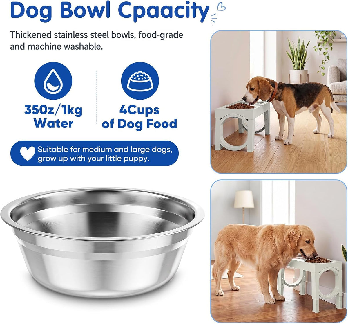XIAZ Elevated Dog Bowls Large Breed Raised Dogs Bowl Stand Large/Medium Sized Dog Slow Feeder Dogs Bowls Food Water Stands 5 Heights Adjustable 9/11/12/14in Pet Feeder Dish Station