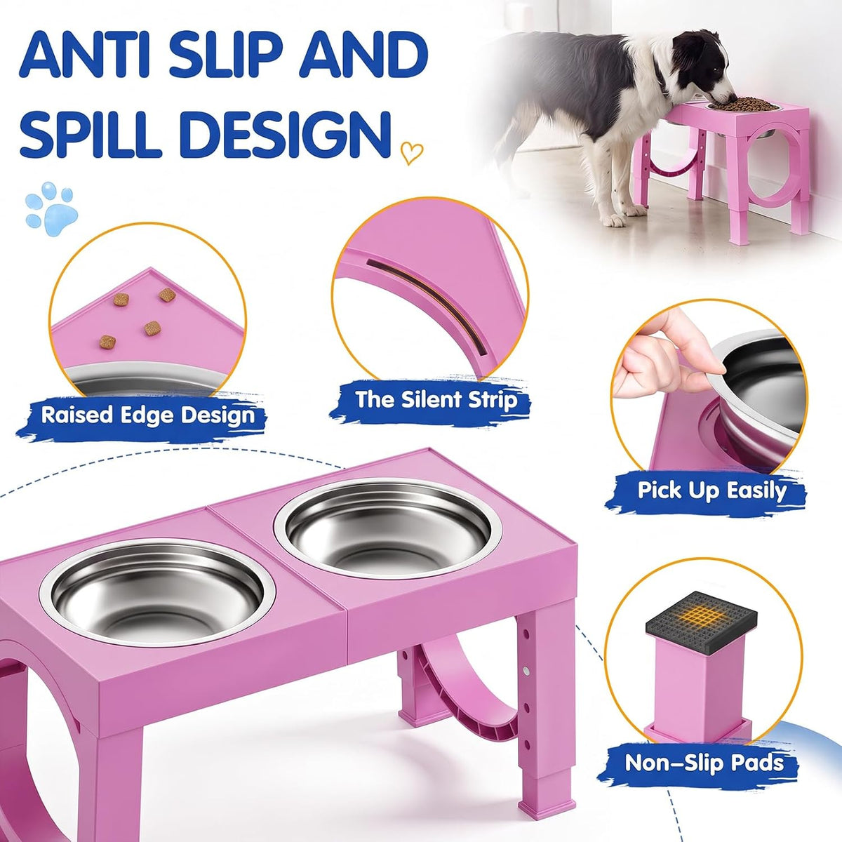 XIAZ Elevated Dog Bowls Large Breed Raised Dogs Bowl Stand Large/Medium Sized Dog Slow Feeder Dogs Bowls Food Water Stands 5 Heights Adjustable 9/11/12/14in Pet Feeder Dish Station
