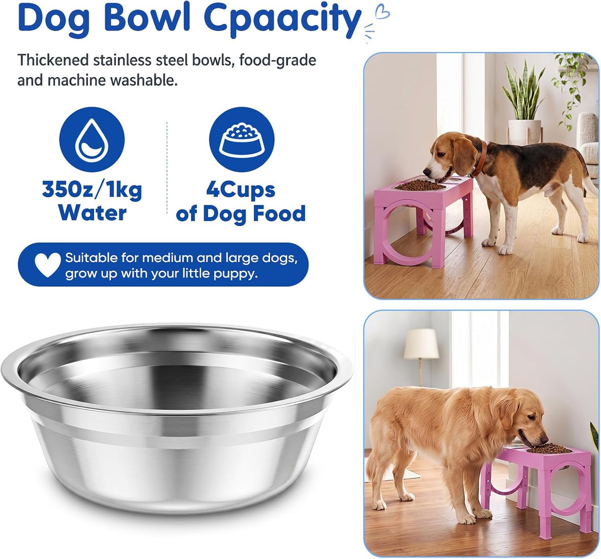 XIAZ Elevated Dog Bowls Large Breed Raised Dogs Bowl Stand Large/Medium Sized Dog Slow Feeder Dogs Bowls Food Water Stands 5 Heights Adjustable 9/11/12/14in Pet Feeder Dish Station