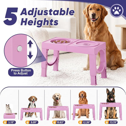 XIAZ Elevated Dog Bowls Large Breed Raised Dogs Bowl Stand Large/Medium Sized Dog Slow Feeder Dogs Bowls Food Water Stands 5 Heights Adjustable 9/11/12/14in Pet Feeder Dish Station