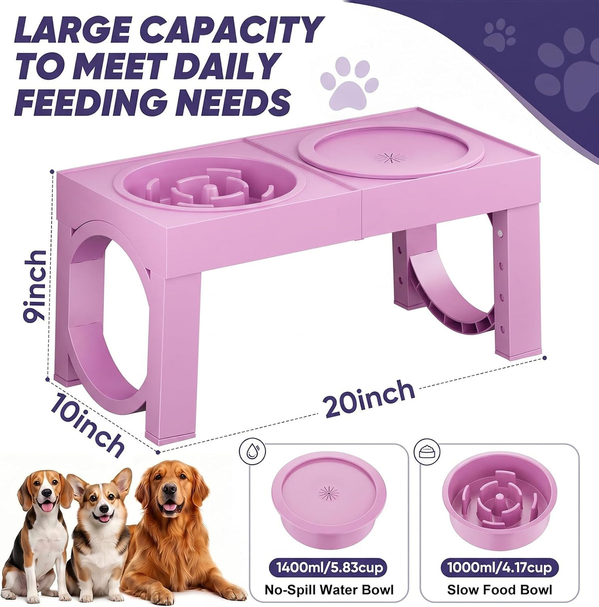 XIAZ Elevated Dog Bowls Large Breed Raised Dogs Bowl Stand Large/Medium Sized Dog Slow Feeder Dogs Bowls Food Water Stands 5 Heights Adjustable 9/11/12/14in Pet Feeder Dish Station