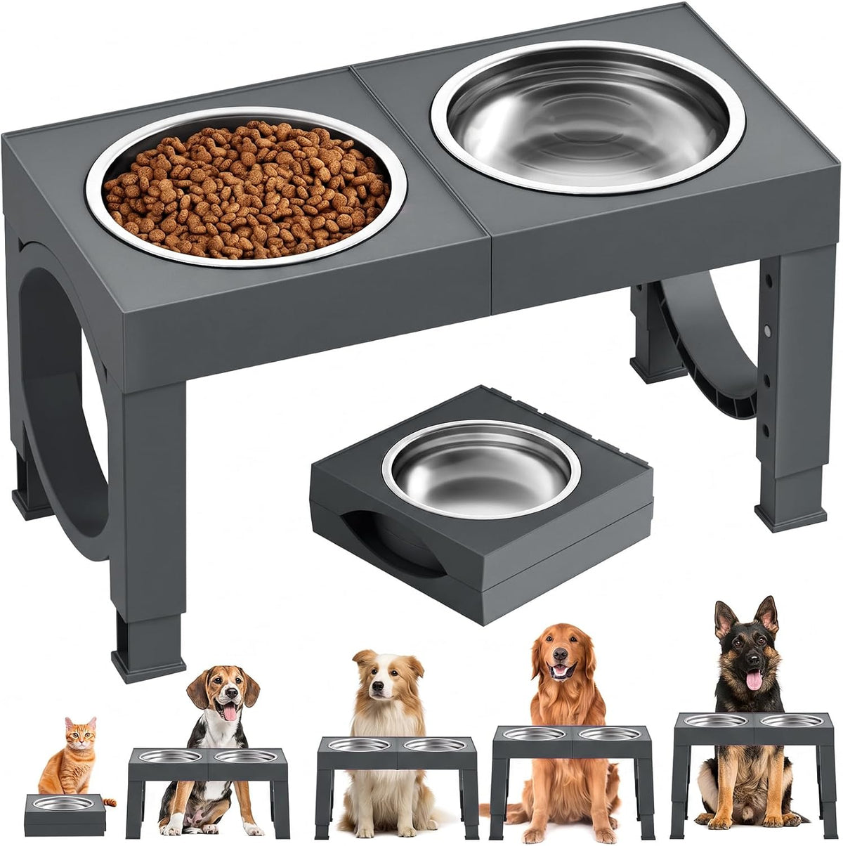 XIAZ Elevated Dog Bowls Large Breed Raised Dogs Bowl Stand Large/Medium Sized Dog Slow Feeder Dogs Bowls Food Water Stands 5 Heights Adjustable 9/11/12/14in Pet Feeder Dish Station