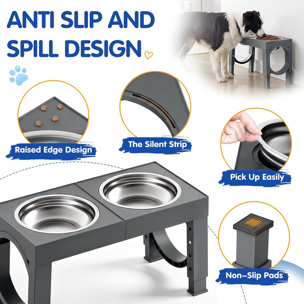 XIAZ Elevated Dog Bowls Large Breed Raised Dogs Bowl Stand Large/Medium Sized Dog Slow Feeder Dogs Bowls Food Water Stands 5 Heights Adjustable 9/11/12/14in Pet Feeder Dish Station