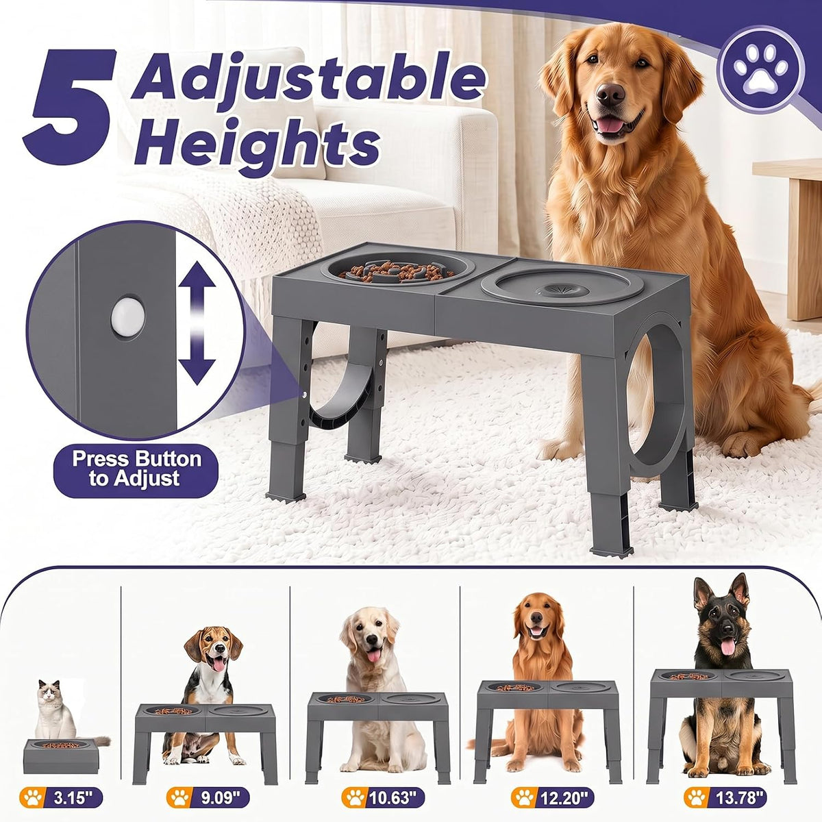 XIAZ Elevated Dog Bowls Large Breed Raised Dogs Bowl Stand Large/Medium Sized Dog Slow Feeder Dogs Bowls Food Water Stands 5 Heights Adjustable 9/11/12/14in Pet Feeder Dish Station