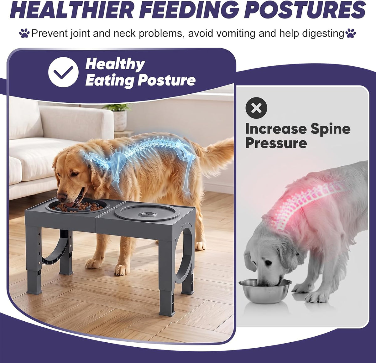 XIAZ Elevated Dog Bowls Large Breed Raised Dogs Bowl Stand Large/Medium Sized Dog Slow Feeder Dogs Bowls Food Water Stands 5 Heights Adjustable 9/11/12/14in Pet Feeder Dish Station