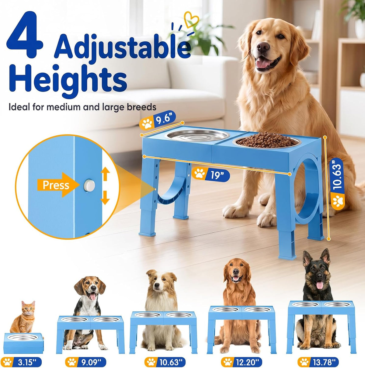 XIAZ Elevated Dog Bowls Large Breed Raised Dogs Bowl Stand Large/Medium Sized Dog Slow Feeder Dogs Bowls Food Water Stands 5 Heights Adjustable 9/11/12/14in Pet Feeder Dish Station