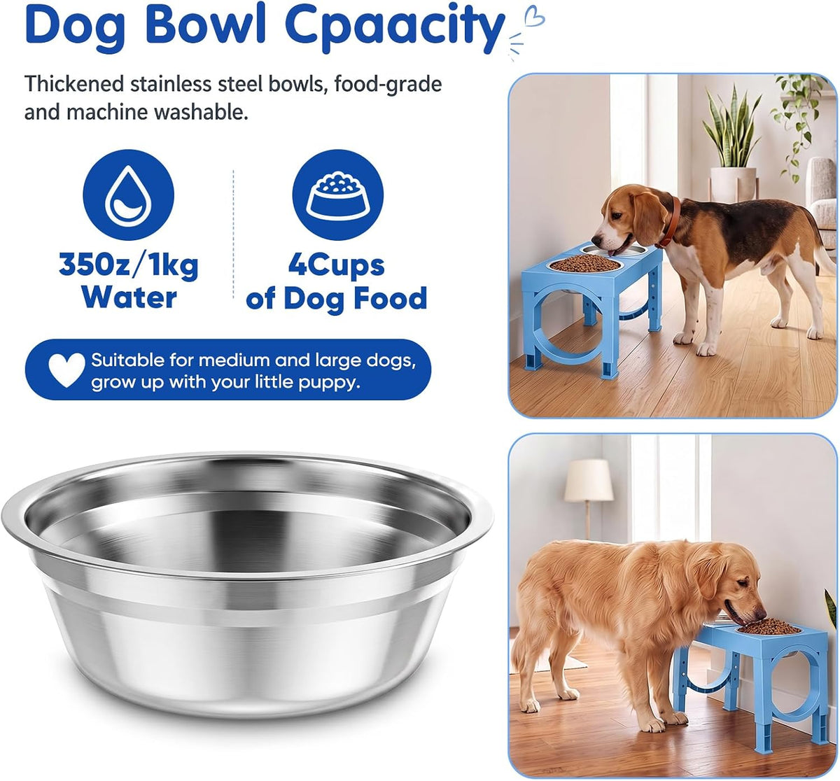 XIAZ Elevated Dog Bowls Large Breed Raised Dogs Bowl Stand Large/Medium Sized Dog Slow Feeder Dogs Bowls Food Water Stands 5 Heights Adjustable 9/11/12/14in Pet Feeder Dish Station