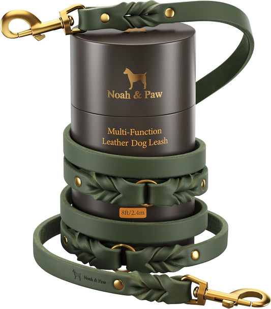 Leather Dog Leash, Premium Oil-Waxed Leather Braided, 8 ft Long Dog Leash with 6 Ways to Use Hands-Free, Quick-tie, Double Pet Lead Etc. Matching Collar Available. (Dark Green)