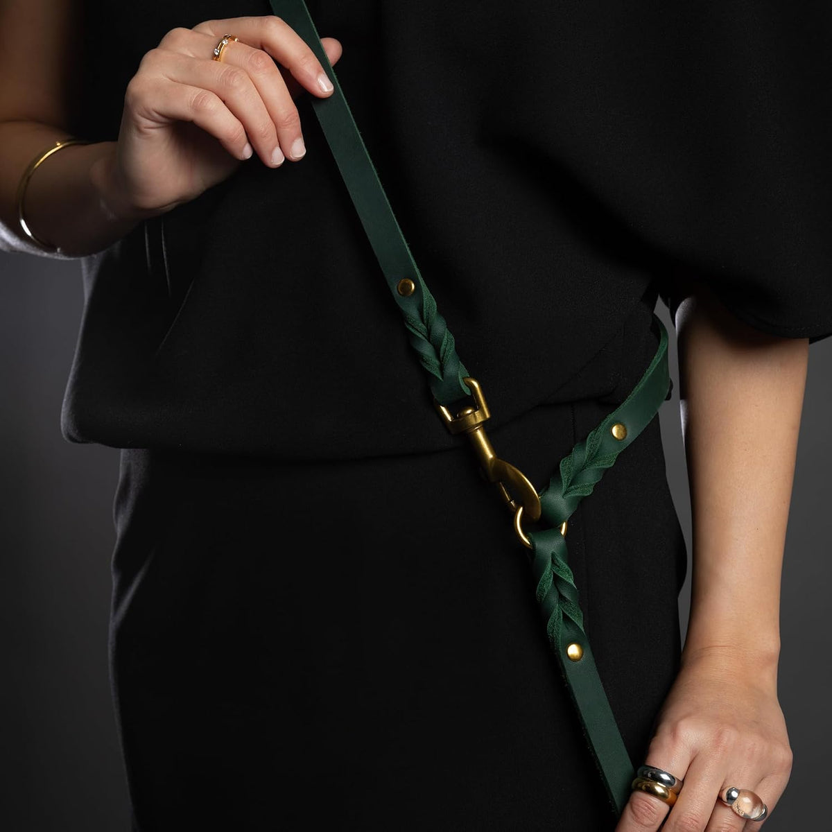 Leather Dog Leash, Premium Oil-Waxed Leather Braided, 8 ft Long Dog Leash with 6 Ways to Use Hands-Free, Quick-tie, Double Pet Lead Etc. Matching Collar Available. (Dark Green)