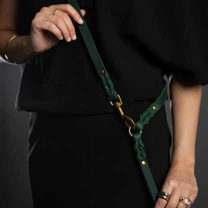Leather Dog Leash, Premium Oil-Waxed Leather Braided, 8 ft Long Dog Leash with 6 Ways to Use Hands-Free, Quick-tie, Double Pet Lead Etc. Matching Collar Available. (Dark Green)