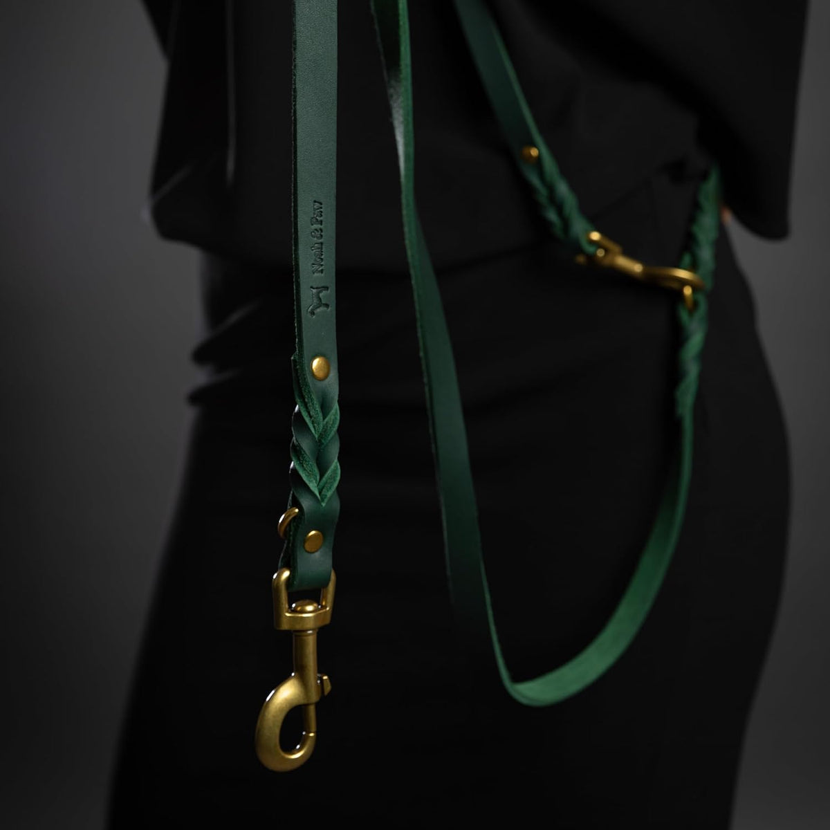 Leather Dog Leash, Premium Oil-Waxed Leather Braided, 8 ft Long Dog Leash with 6 Ways to Use Hands-Free, Quick-tie, Double Pet Lead Etc. Matching Collar Available. (Dark Green)