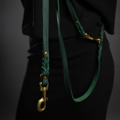 Leather Dog Leash, Premium Oil-Waxed Leather Braided, 8 ft Long Dog Leash with 6 Ways to Use Hands-Free, Quick-tie, Double Pet Lead Etc. Matching Collar Available. (Dark Green)