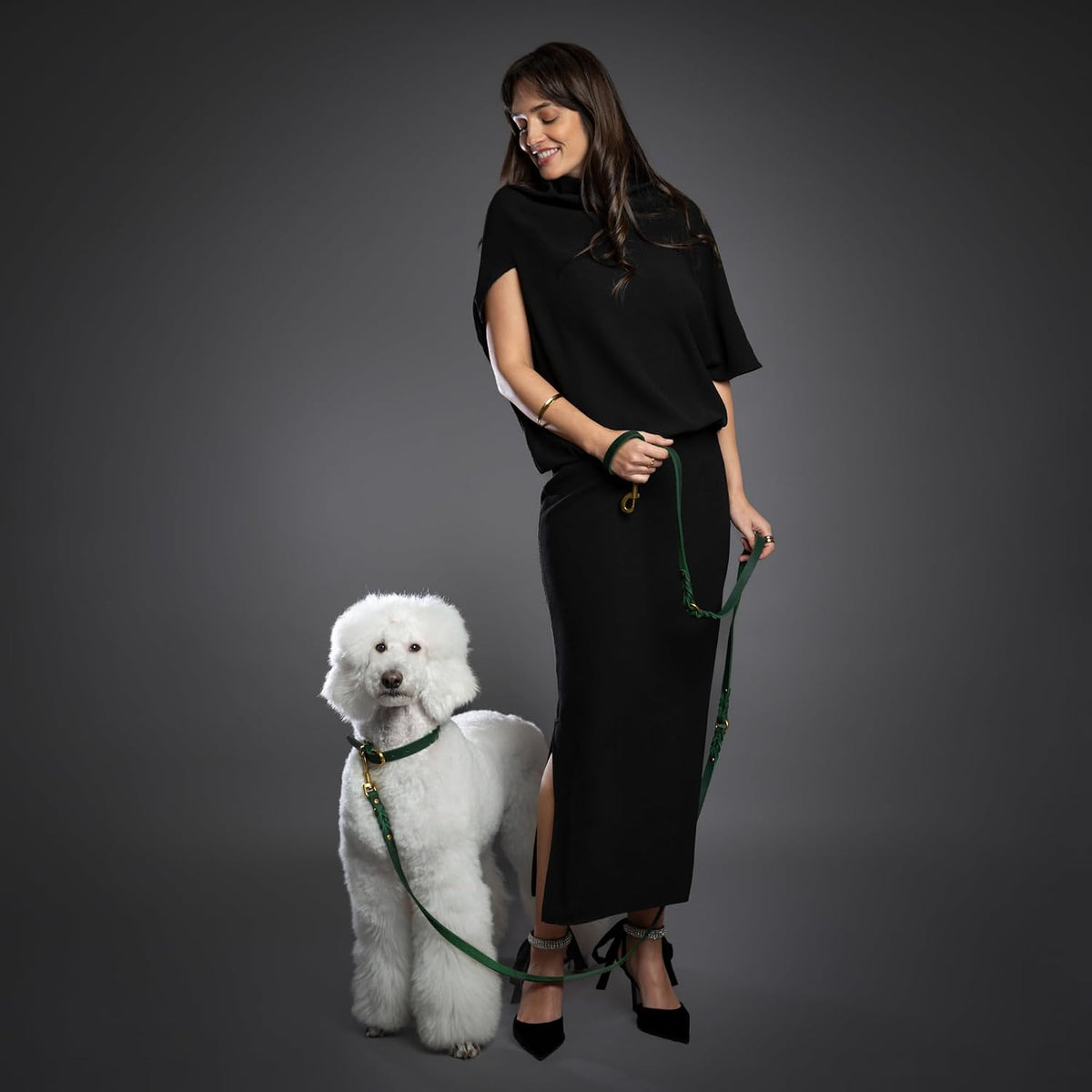 Leather Dog Leash, Premium Oil-Waxed Leather Braided, 8 ft Long Dog Leash with 6 Ways to Use Hands-Free, Quick-tie, Double Pet Lead Etc. Matching Collar Available. (Dark Green)