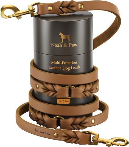 Leather Dog Leash, Premium Oil-Waxed Leather Braided, 8 ft Long Dog Leash with 6 Ways to Use Hands-Free, Quick-tie, Double Pet Lead Etc. Matching Collar Available. (Dark Green)