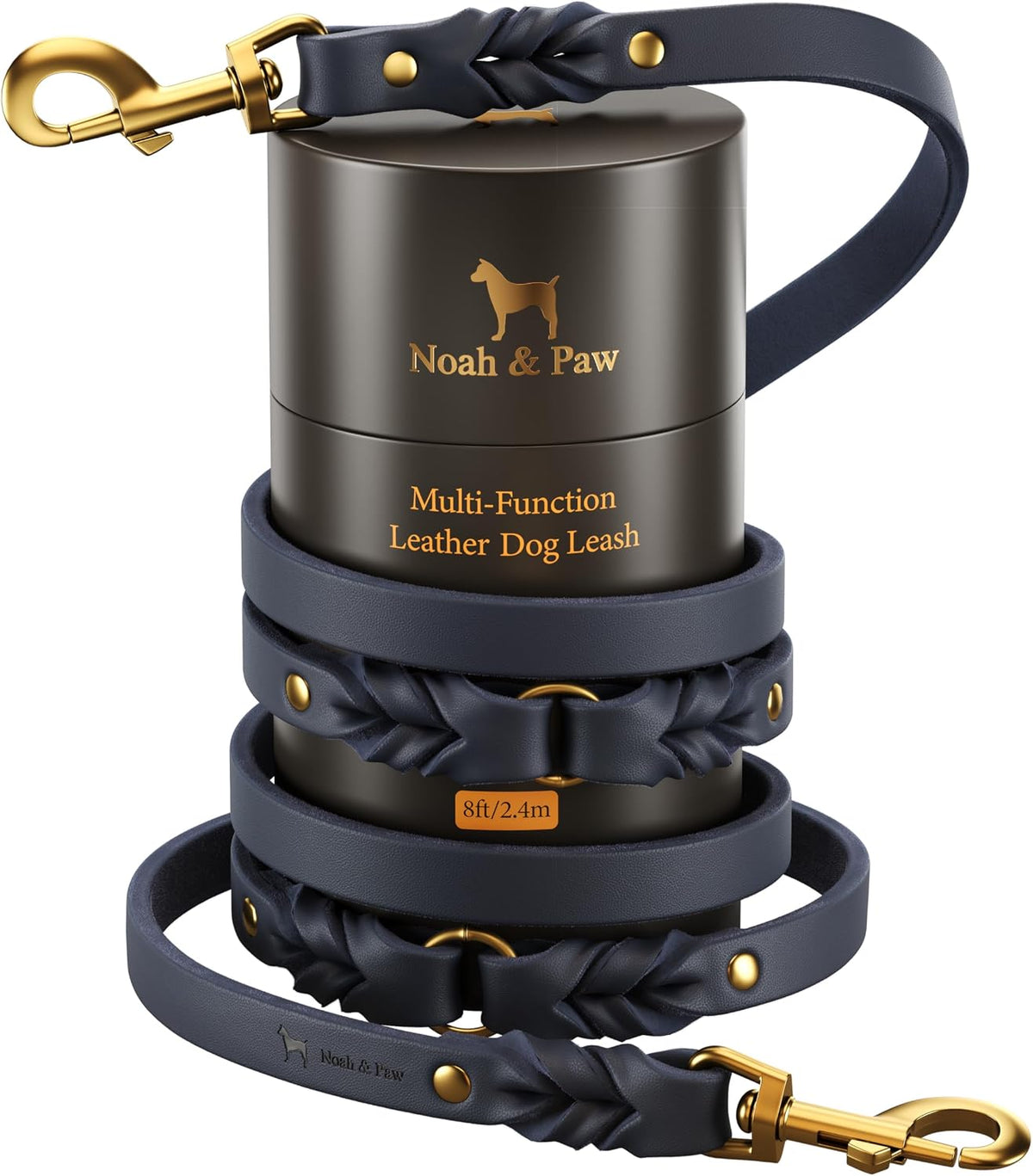 Leather Dog Leash, Premium Oil-Waxed Leather Braided, 8 ft Long Dog Leash with 6 Ways to Use Hands-Free, Quick-tie, Double Pet Lead Etc. Matching Collar Available. (Dark Green)