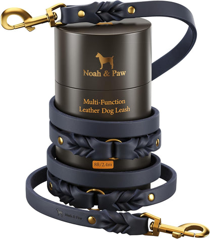 Leather Dog Leash, Premium Oil-Waxed Leather Braided, 8 ft Long Dog Leash with 6 Ways to Use Hands-Free, Quick-tie, Double Pet Lead Etc. Matching Collar Available. (Dark Green)