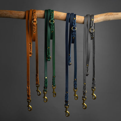 Leather Dog Leash, Premium Oil-Waxed Leather Braided, 8 ft Long Dog Leash with 6 Ways to Use Hands-Free, Quick-tie, Double Pet Lead Etc. Matching Collar Available. (Dark Green)