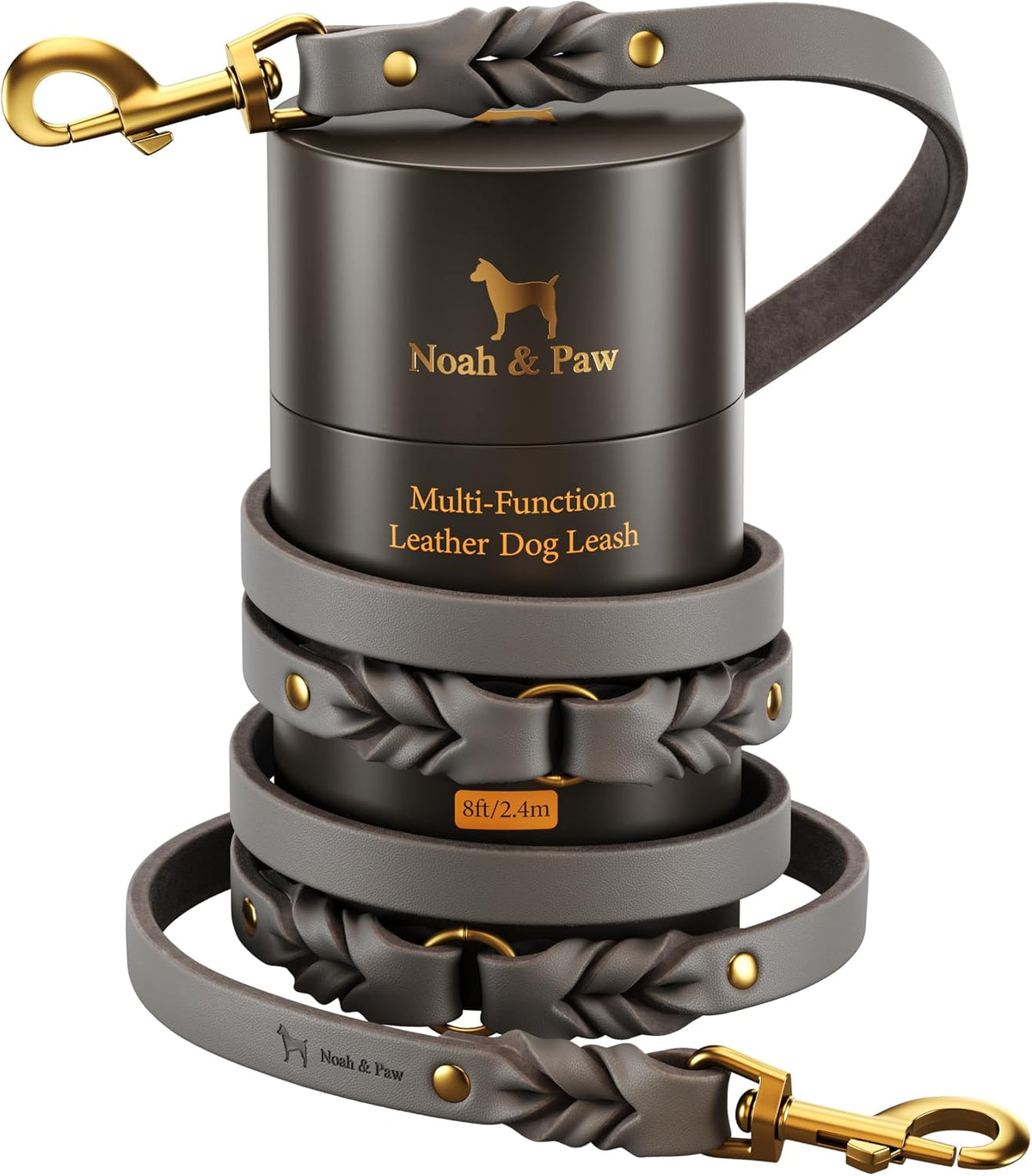 Leather Dog Leash, Premium Oil-Waxed Leather Braided, 8 ft Long Dog Leash with 6 Ways to Use Hands-Free, Quick-tie, Double Pet Lead Etc. Matching Collar Available. (Dark Green)
