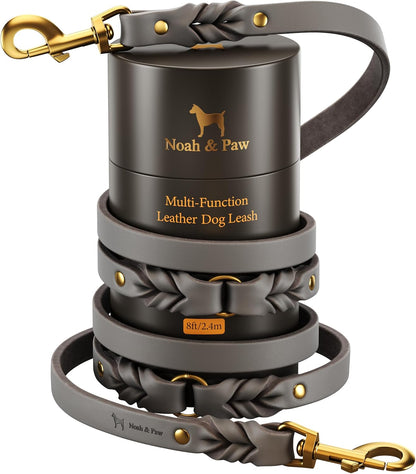 Leather Dog Leash, Premium Oil-Waxed Leather Braided, 8 ft Long Dog Leash with 6 Ways to Use Hands-Free, Quick-tie, Double Pet Lead Etc. Matching Collar Available. (Dark Green)
