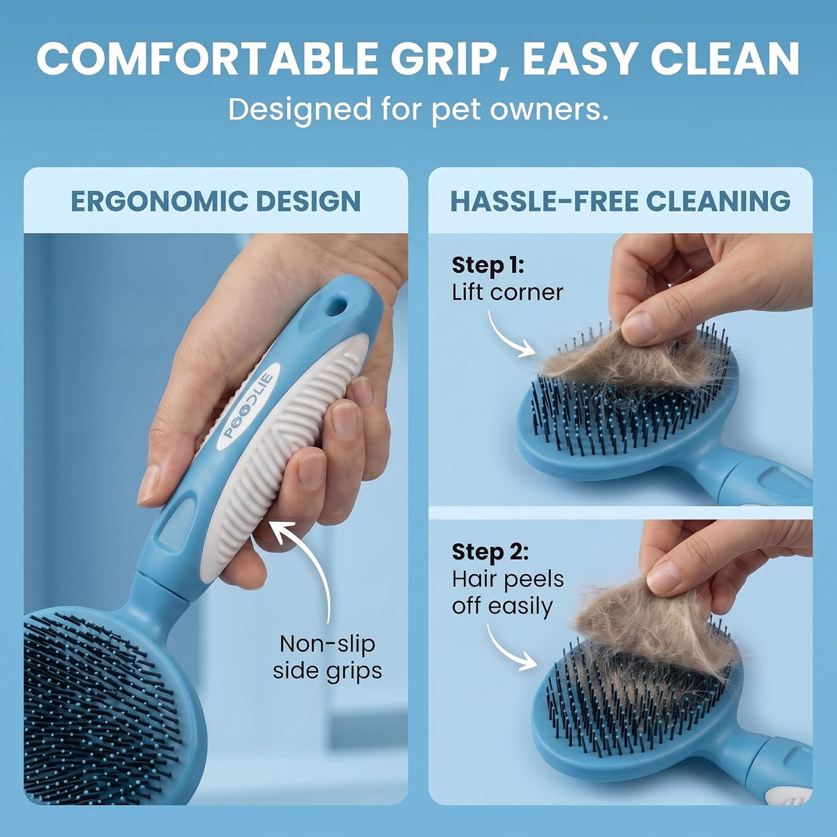 Round Bristle Pet Brush for Dogs and Cats - Soft Dog Brush for Grooming Short or Long Hair - Gentle Tool for Sensitive Skin Removes Dander, Dirt, and Detangles (Blue)