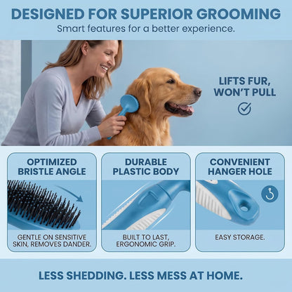 Round Bristle Pet Brush for Dogs and Cats - Soft Dog Brush for Grooming Short or Long Hair - Gentle Tool for Sensitive Skin Removes Dander, Dirt, and Detangles (Blue)