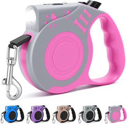 Retractable Dog Leash with USB Rechargeable Flashlight, Pink