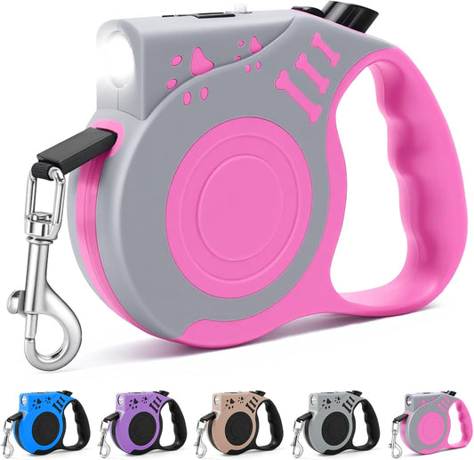 Retractable Dog Leash with USB Rechargeable Flashlight, Pink