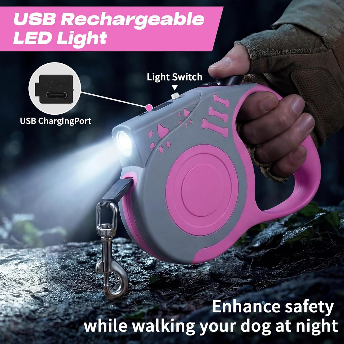 Retractable Dog Leash with USB Rechargeable Flashlight, Pink