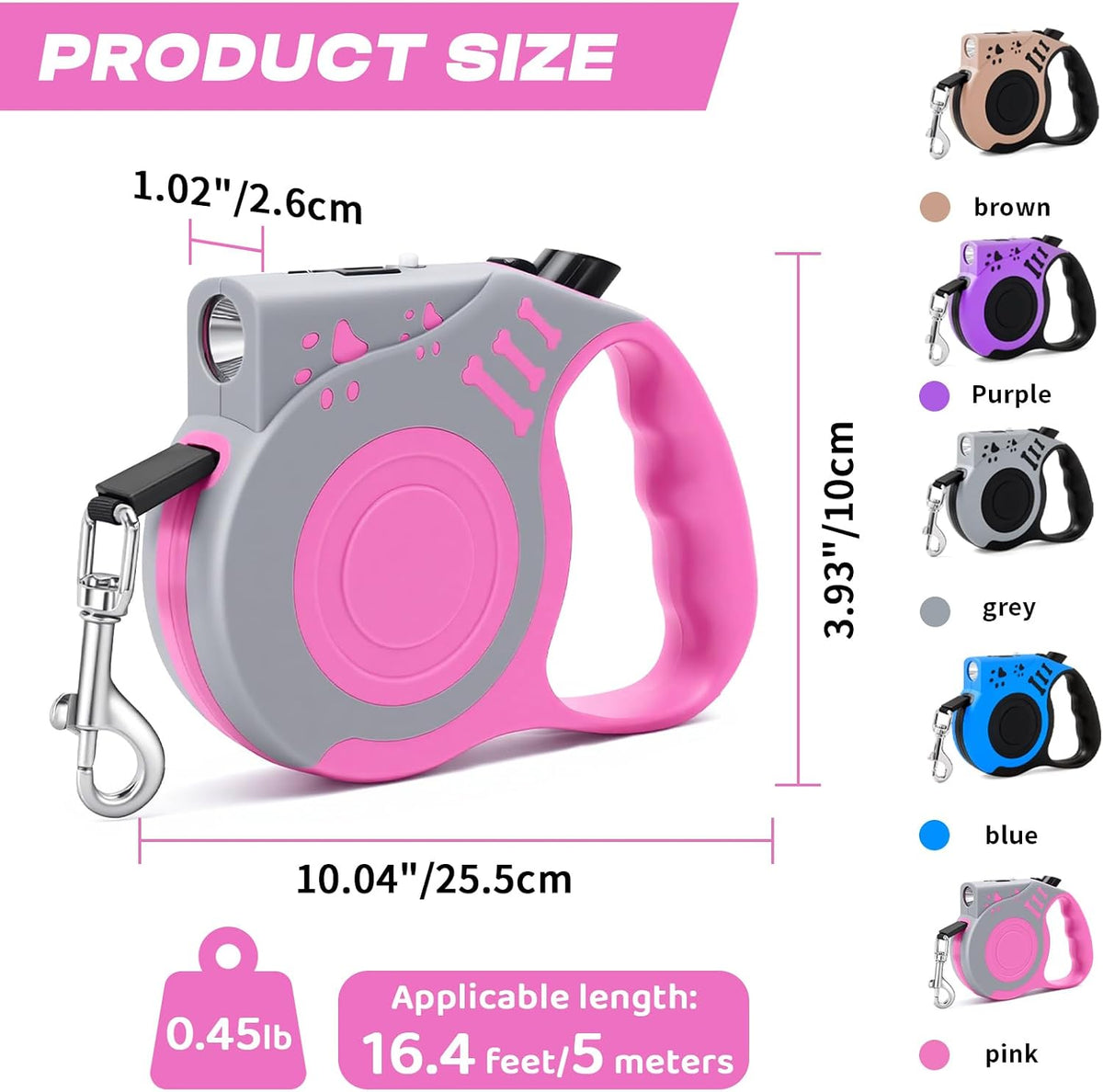Retractable Dog Leash with USB Rechargeable Flashlight, Pink
