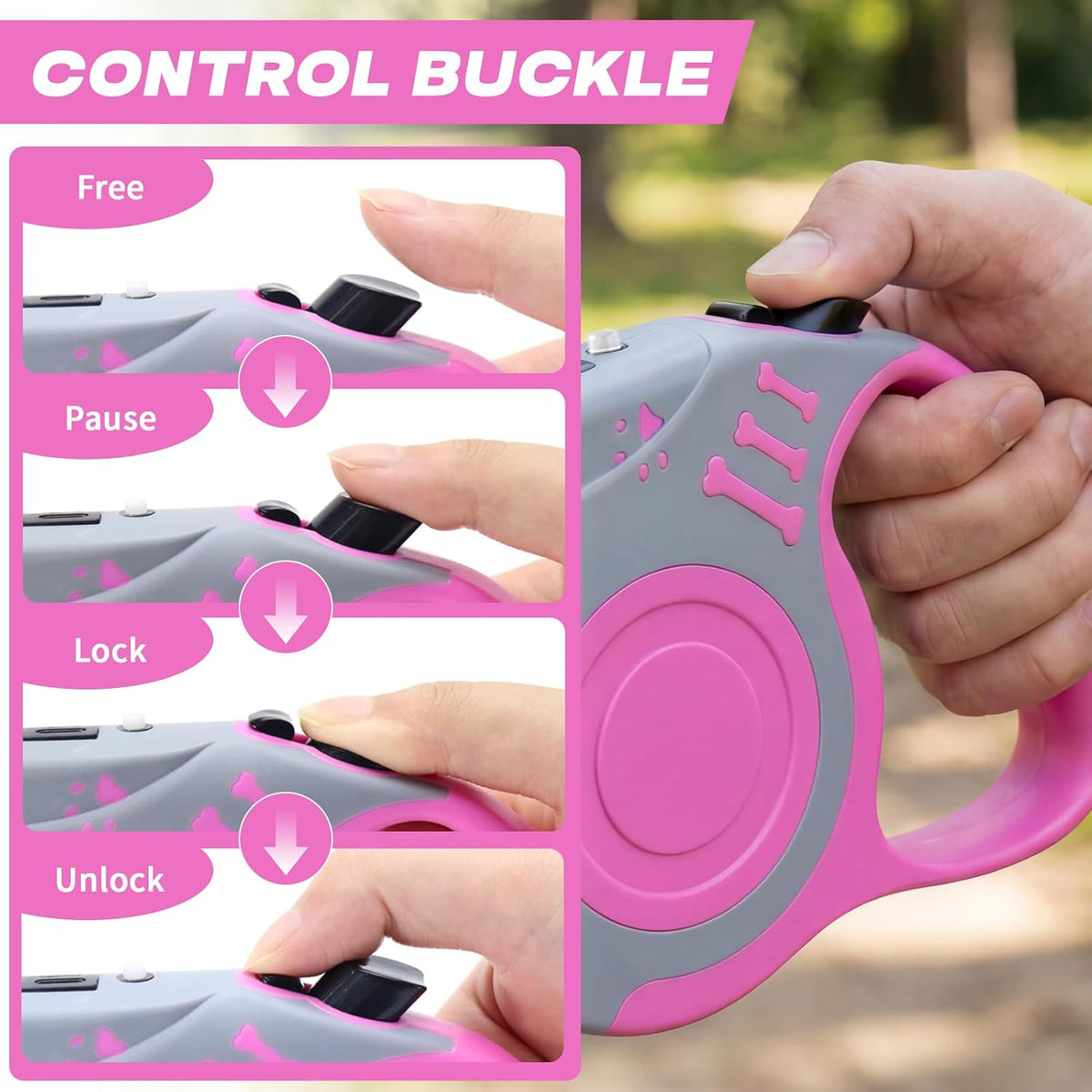Retractable Dog Leash with USB Rechargeable Flashlight, Pink