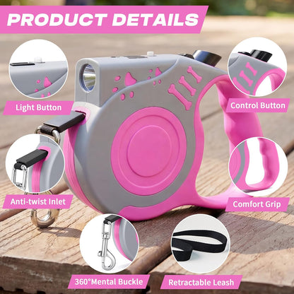 Retractable Dog Leash with USB Rechargeable Flashlight, Pink