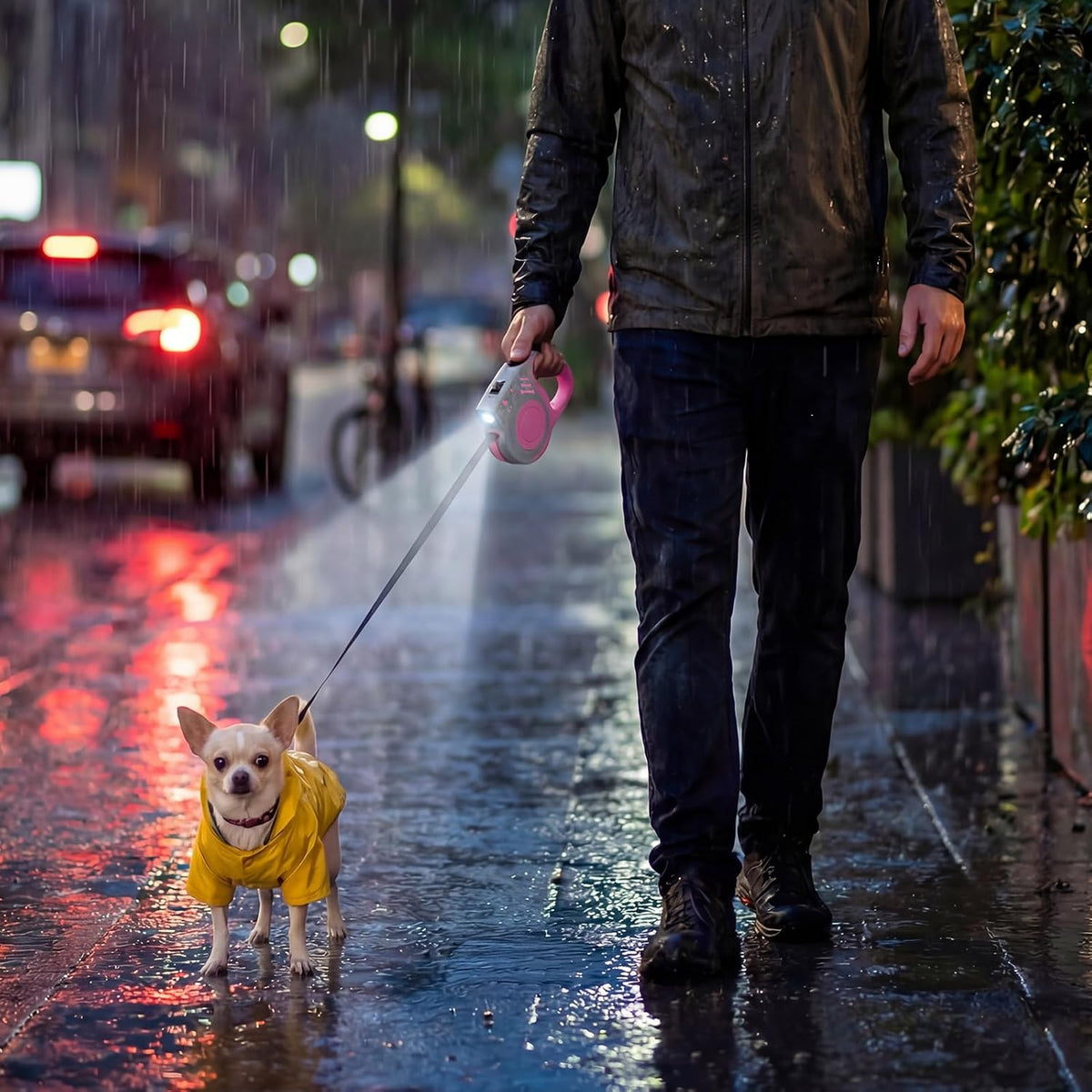 Retractable Dog Leash with USB Rechargeable Flashlight, Pink