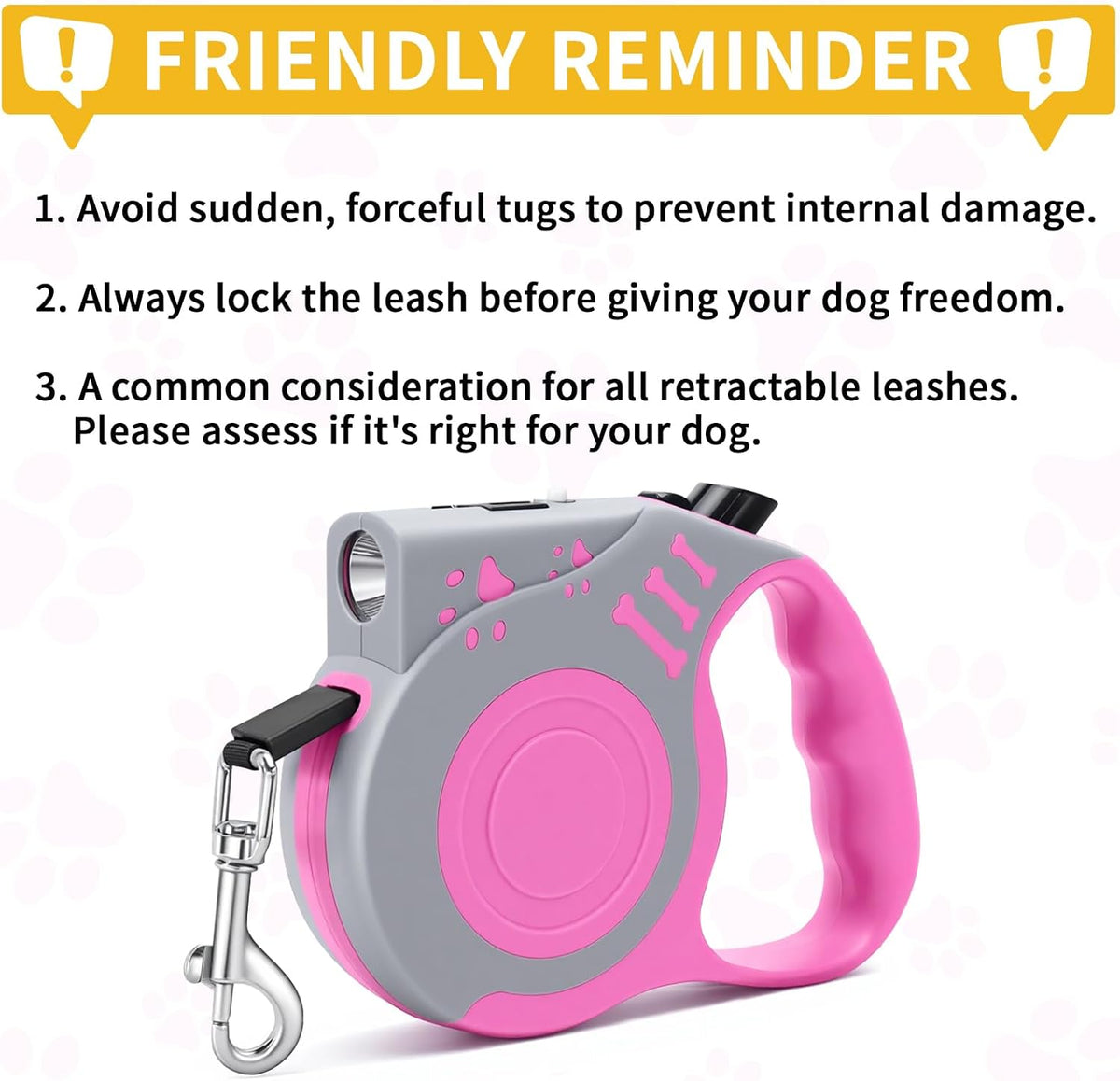 Retractable Dog Leash with USB Rechargeable Flashlight, Pink