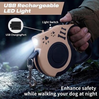 Retractable Dog Leash with USB Rechargeable Flashlight, Pink