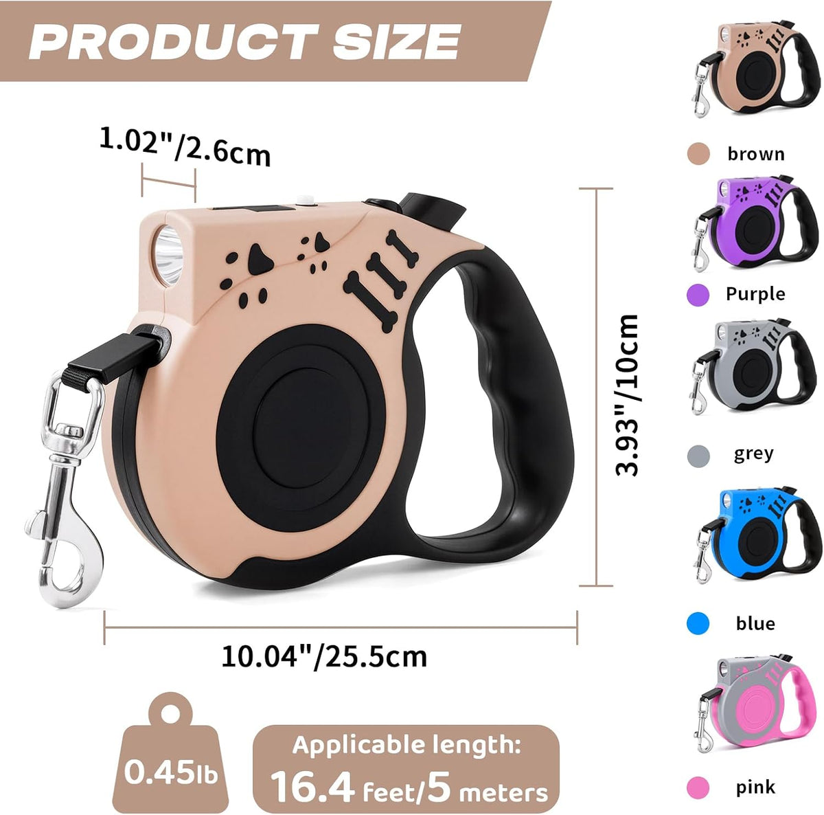 Retractable Dog Leash with USB Rechargeable Flashlight, Pink