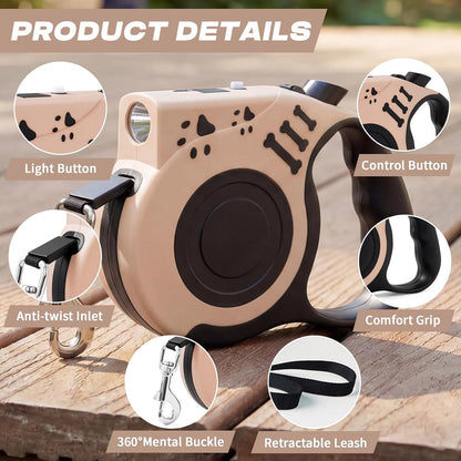 Retractable Dog Leash with USB Rechargeable Flashlight, Pink