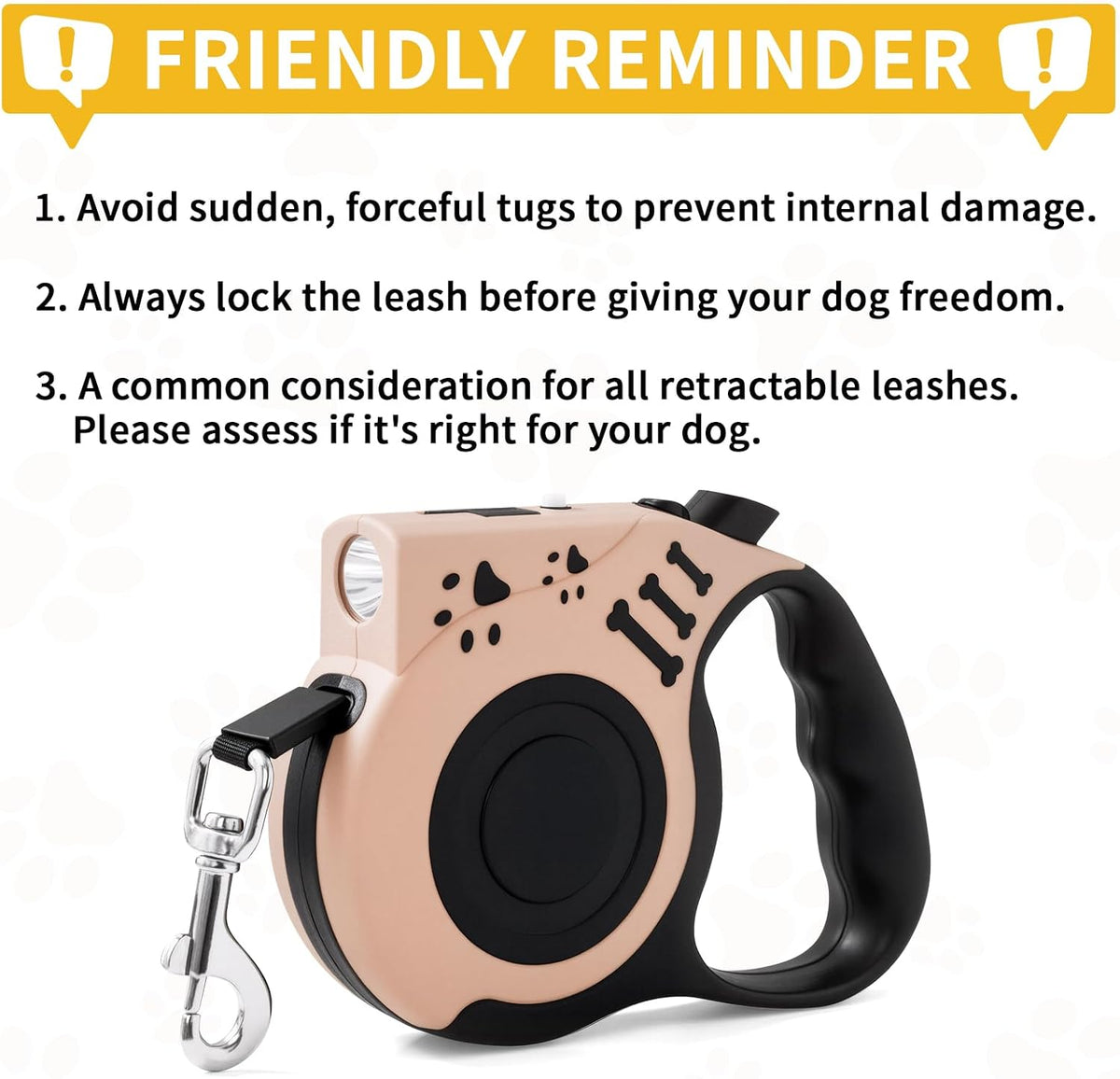 Retractable Dog Leash with USB Rechargeable Flashlight, Pink