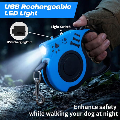 Retractable Dog Leash with USB Rechargeable Flashlight, Pink