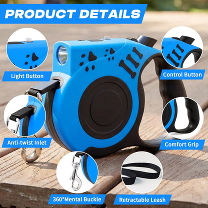 Retractable Dog Leash with USB Rechargeable Flashlight, Pink