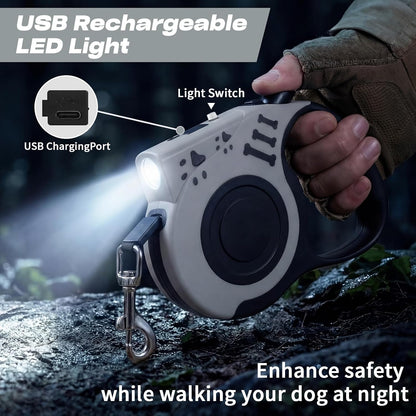 Retractable Dog Leash with USB Rechargeable Flashlight, Pink