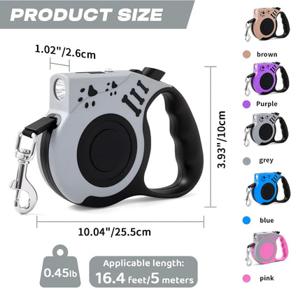 Retractable Dog Leash with USB Rechargeable Flashlight, Pink