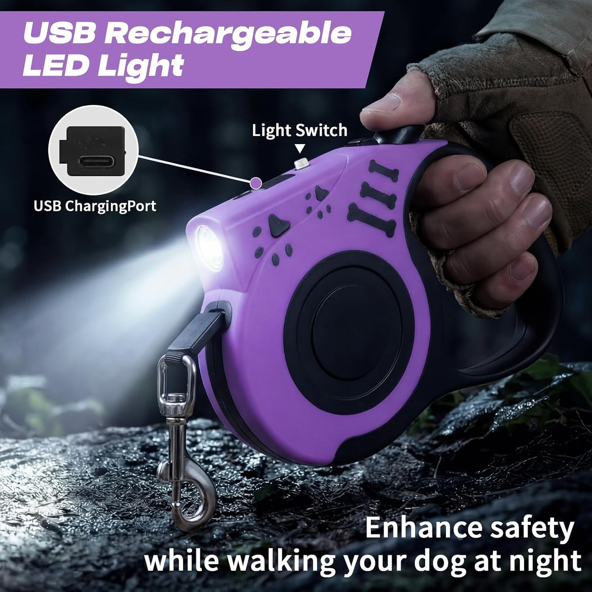Retractable Dog Leash with USB Rechargeable Flashlight, Pink