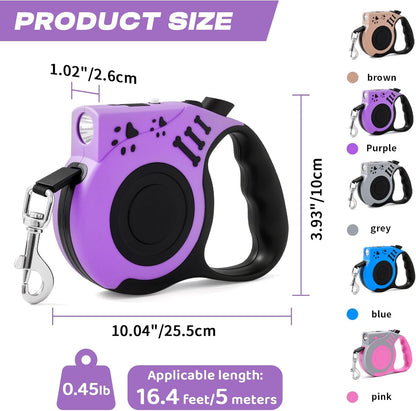 Retractable Dog Leash with USB Rechargeable Flashlight, Pink