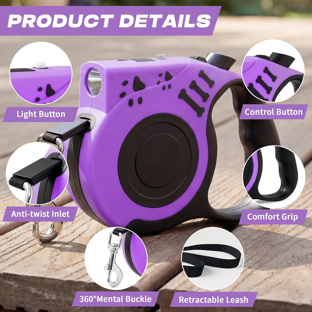 Retractable Dog Leash with USB Rechargeable Flashlight, Pink