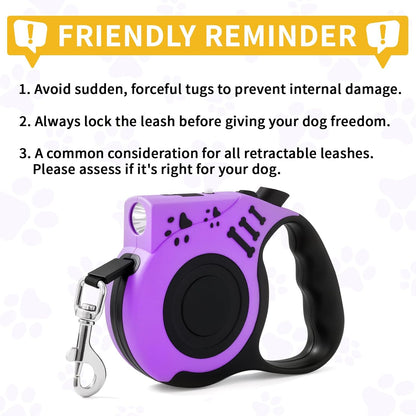 Retractable Dog Leash with USB Rechargeable Flashlight, Pink