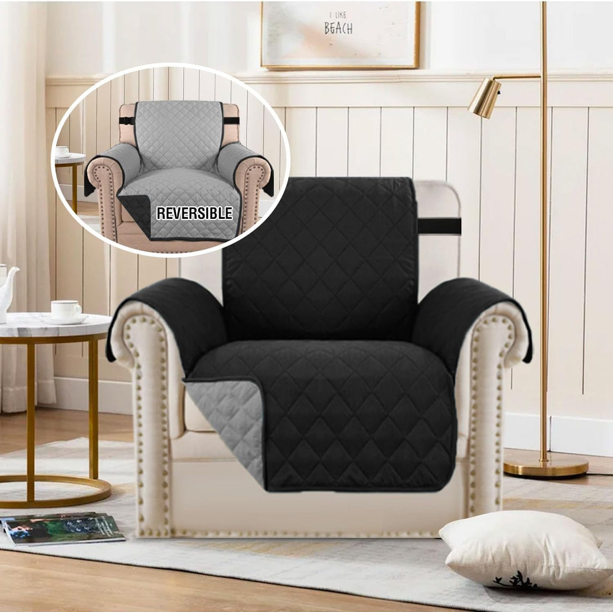 Reversible Couch Cover for 3 Cushion Cover Pet Friendly Sofa Cover for Dog Washable Furniture Protector Water Resistant Slipcover with Non Slip Elastic Strap(Sofa, Ivory/Beige)