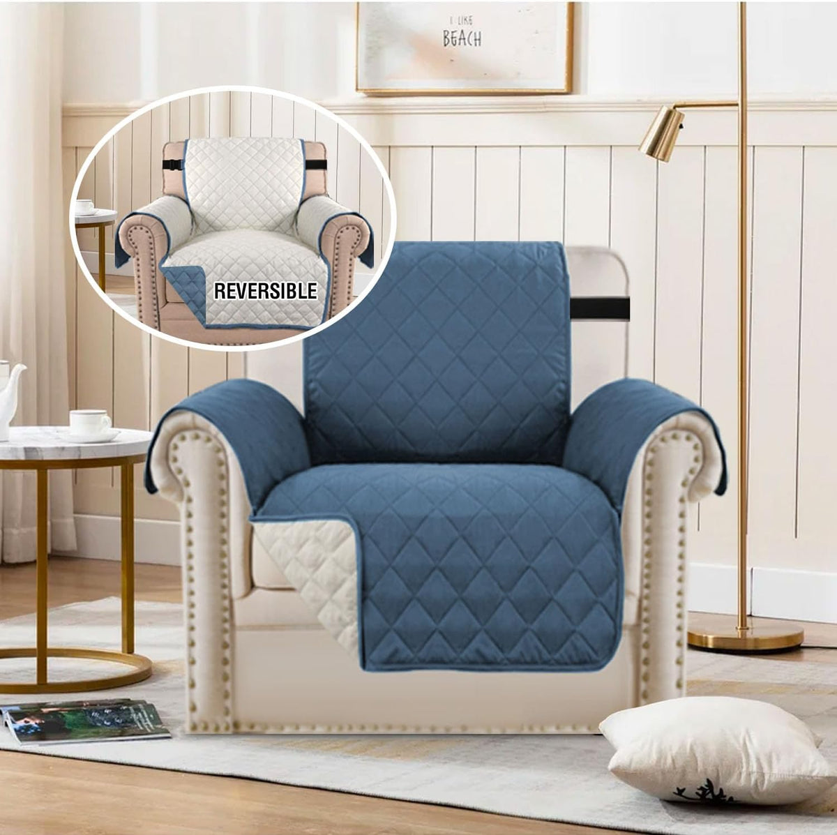 Reversible Couch Cover for 3 Cushion Cover Pet Friendly Sofa Cover for Dog Washable Furniture Protector Water Resistant Slipcover with Non Slip Elastic Strap(Sofa, Ivory/Beige)
