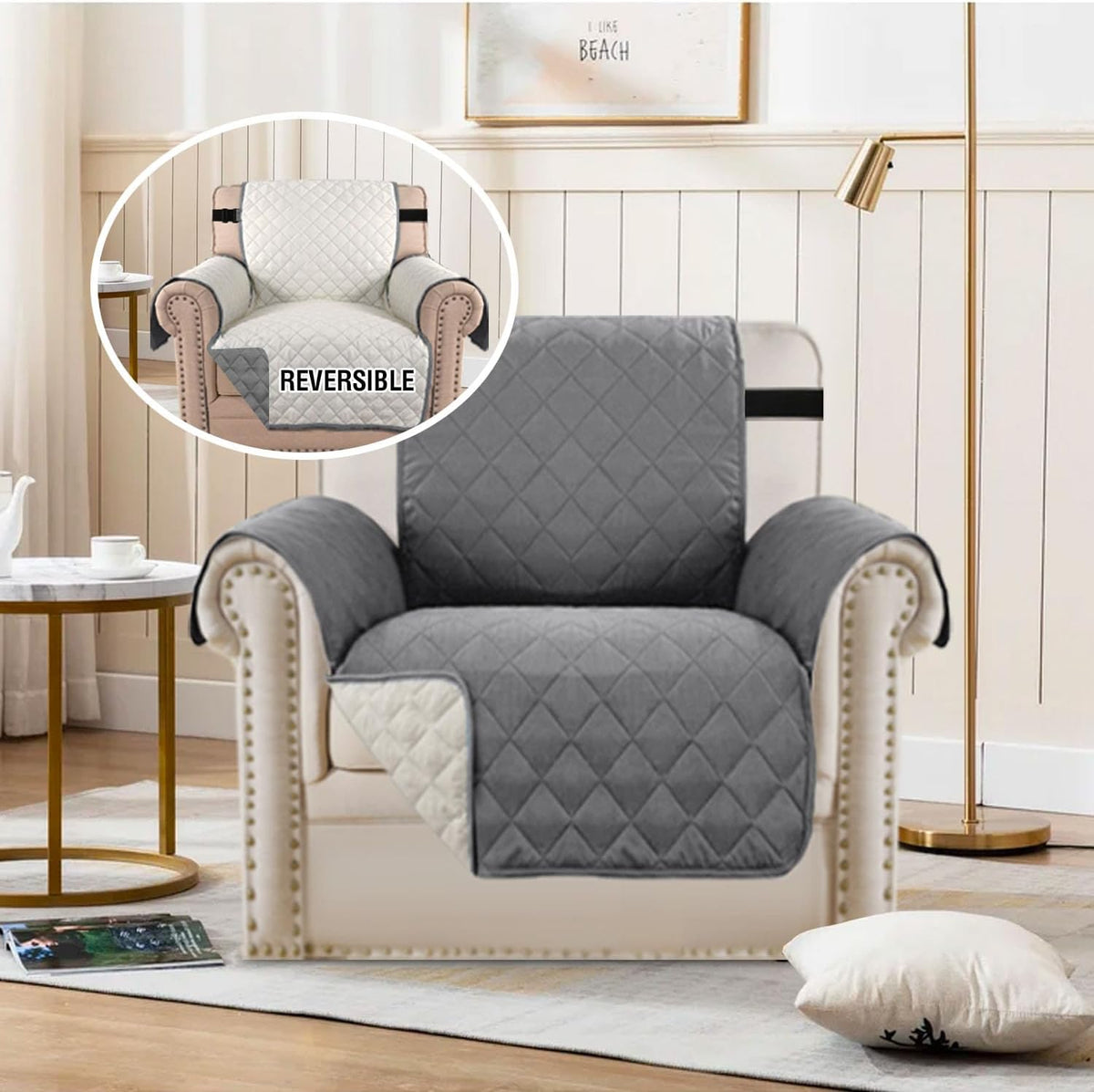 Reversible Couch Cover for 3 Cushion Cover Pet Friendly Sofa Cover for Dog Washable Furniture Protector Water Resistant Slipcover with Non Slip Elastic Strap(Sofa, Ivory/Beige)
